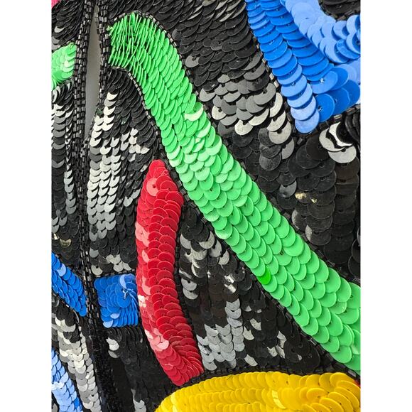 Women's 100% Silk Multicolor Sequin Beaded Open Front Long Sleeve Coat Jacket M - Picture 3 of 4